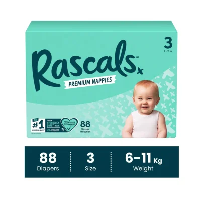 Rascals Premium Baby Tape Diapers Jumbo Box - Size 3, 6-11 kg, 88 Count