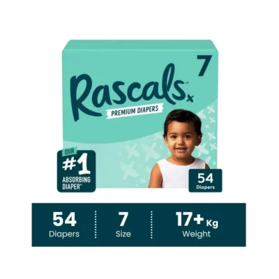 Rascals Premium Baby Tape Diapers Jumbo Box - Size 7, 17+ kg, 54 Count
